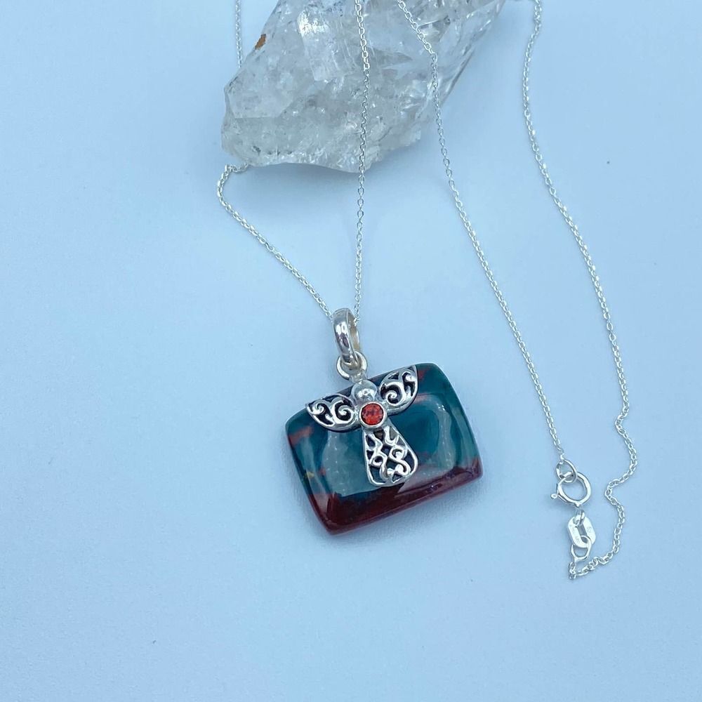 Bloodstone & Garnet Sterling Silver Angel Necklace